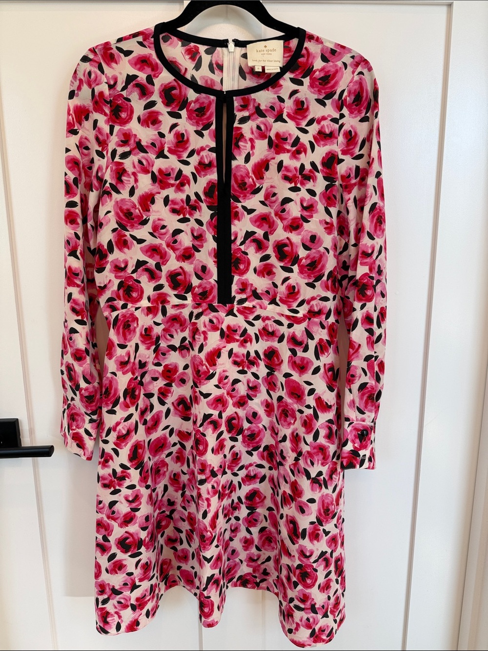 kate spade Pink Floral Long Sleeve Fit-and-Flare Dress with Black Trim